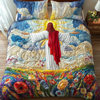 Jesus Blessing All quilted 3-piece bedding set on a made bed with two matching pillow shams