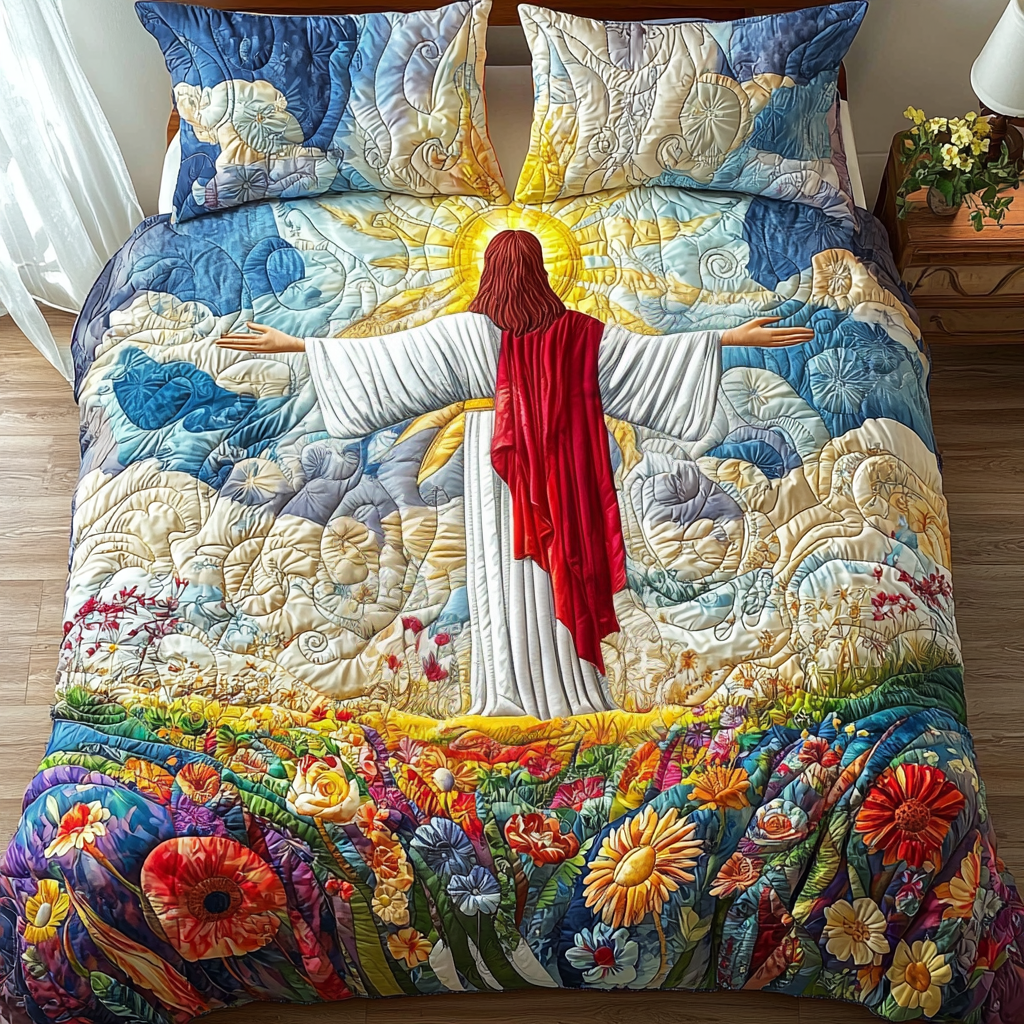 Jesus Blessing All quilted 3-piece bedding set on a made bed with two matching pillow shams