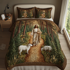 Jesus Tending Flock quilted 3-piece bedding set on a made bed with two matching pillow shams