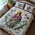 Jesus With Flowers quilted 3-piece bedding set on a made bed with two matching pillow shams