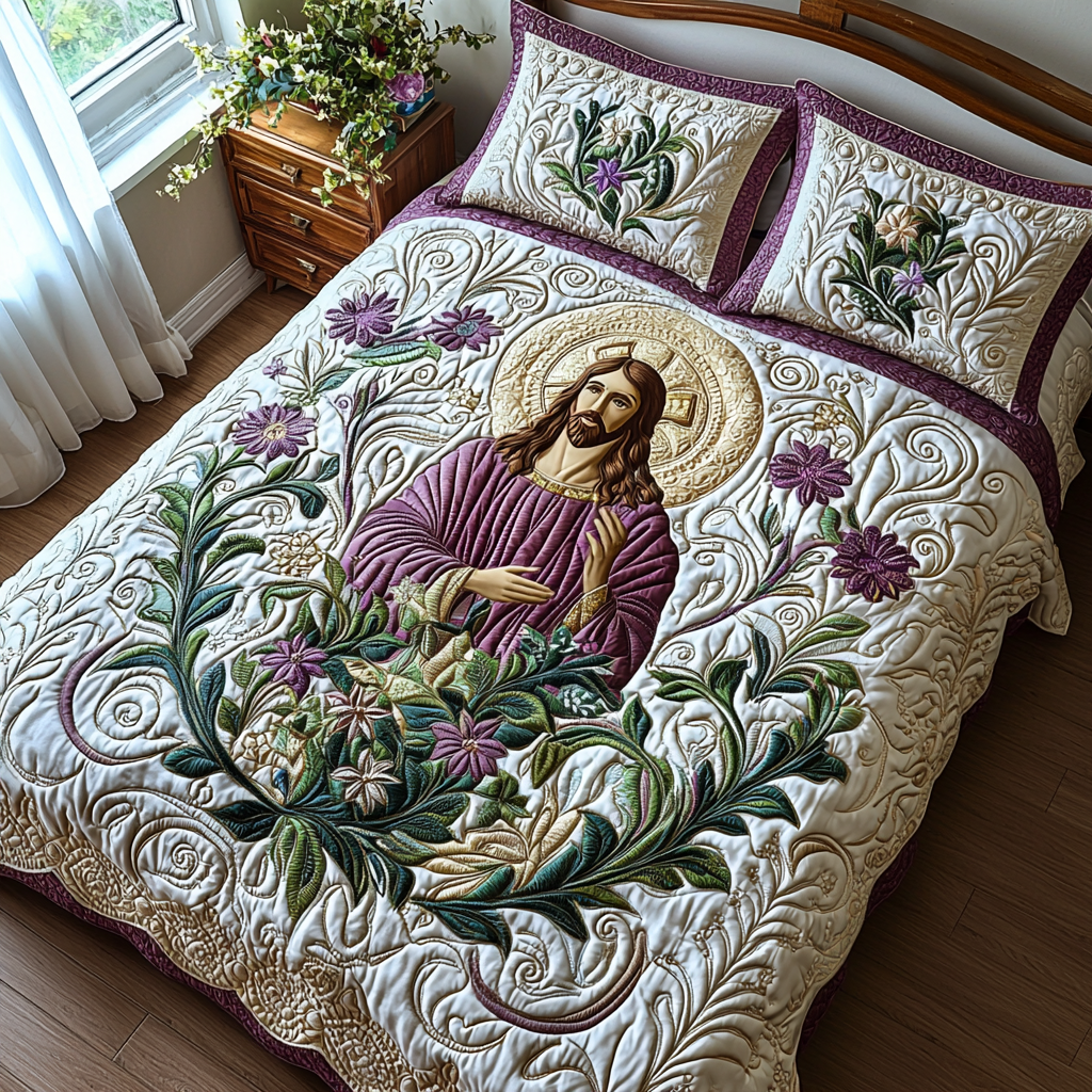 Jesus With Flowers quilted 3-piece bedding set on a made bed with two matching pillow shams