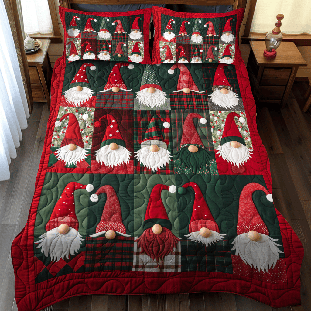 Jolly Gnome Christmas quilted 3-piece bedding set on a made bed with two matching pillow shams