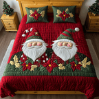 Jolly Gnome Holiday quilted 3-piece bedding set on a made bed with two matching pillow shams