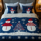 Jolly Snowman Holiday quilted 3-piece bedding set on a made bed with two matching pillow shams