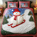 Jolly Snowman Xmas quilted 3-piece bedding set on a made bed with two matching pillow shams