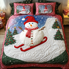 Jolly Snowman Xmas quilted 3-piece bedding set on a made bed with two matching pillow shams