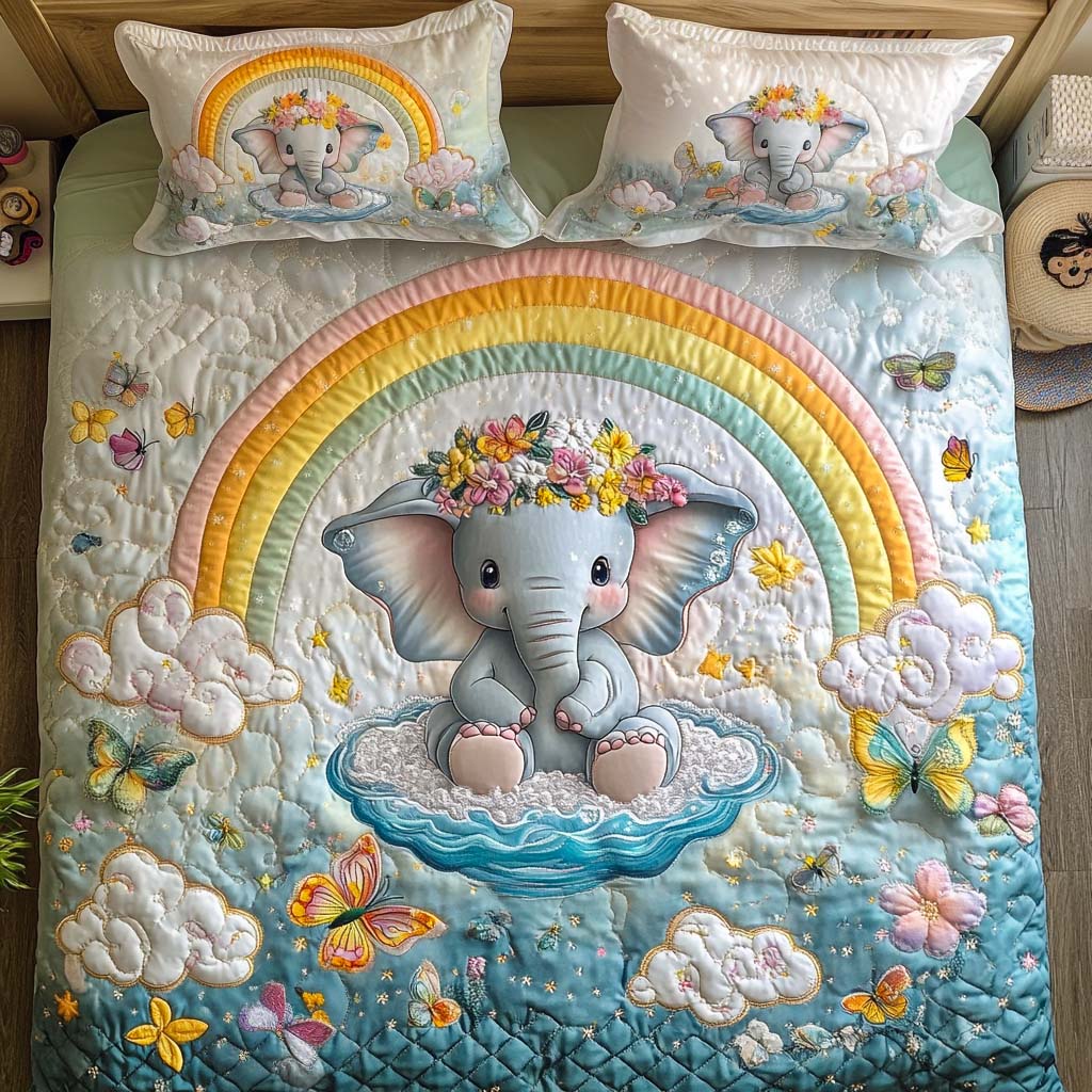 Jungle Elephant quilted 3-piece bedding set on a made bed with two matching pillow shams