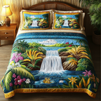 Jungle Tranquil quilted 3-piece bedding set on a made bed with two matching pillow shams