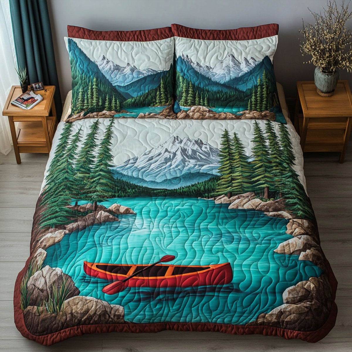 Kayak Adventure quilted 3-piece bedding set on a made bed with two matching pillow shams