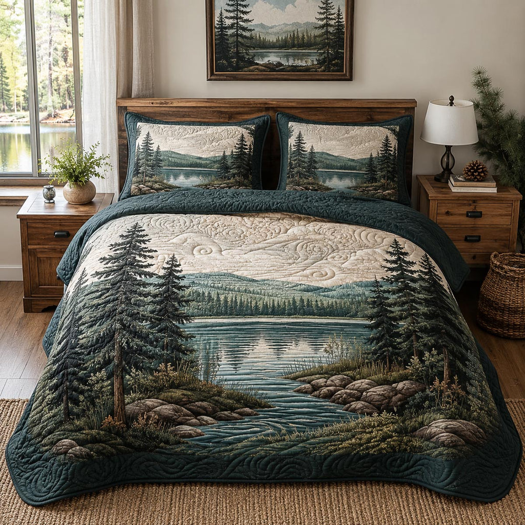 Lakeside Pines quilted 3-piece bedding set on a made bed with two matching pillow shams