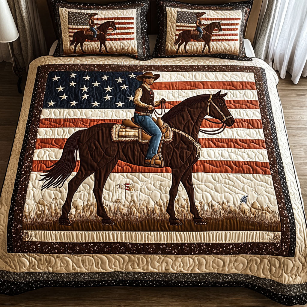 Lasso Dreams quilted 3-piece bedding set on a made bed with two matching pillow shams