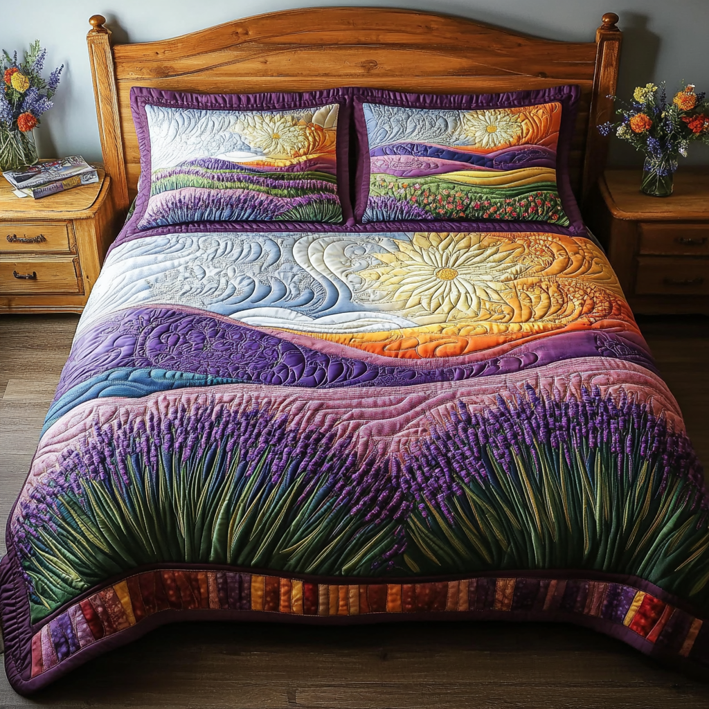 Lavender Whisper Floral quilted 3-piece bedding set on a made bed with two matching pillow shams