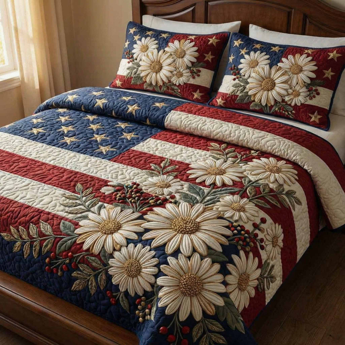 Liberty Daisy quilted 3-piece bedding set on a made bed with two matching pillow shams