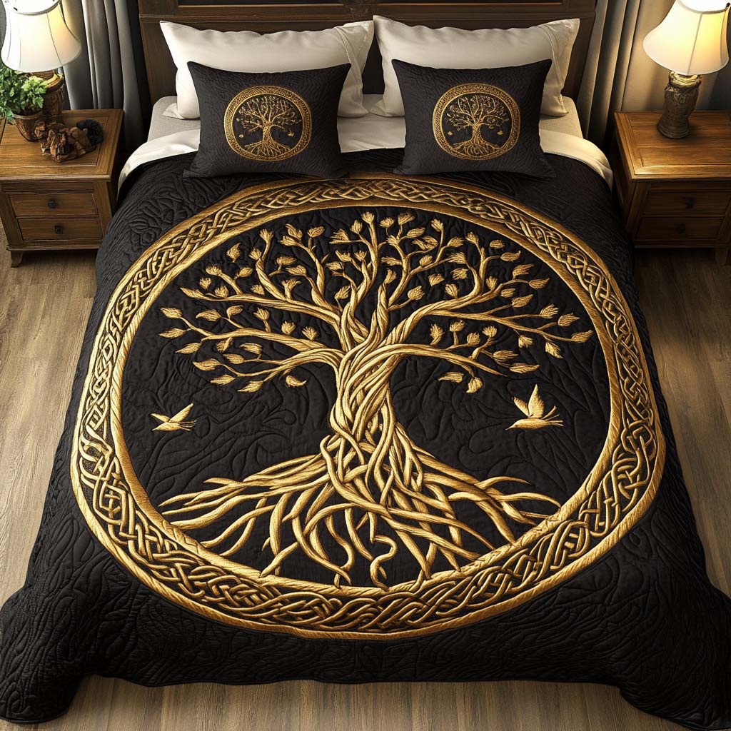 Life Branches quilted 3-piece bedding set on a made bed with two matching pillow shams