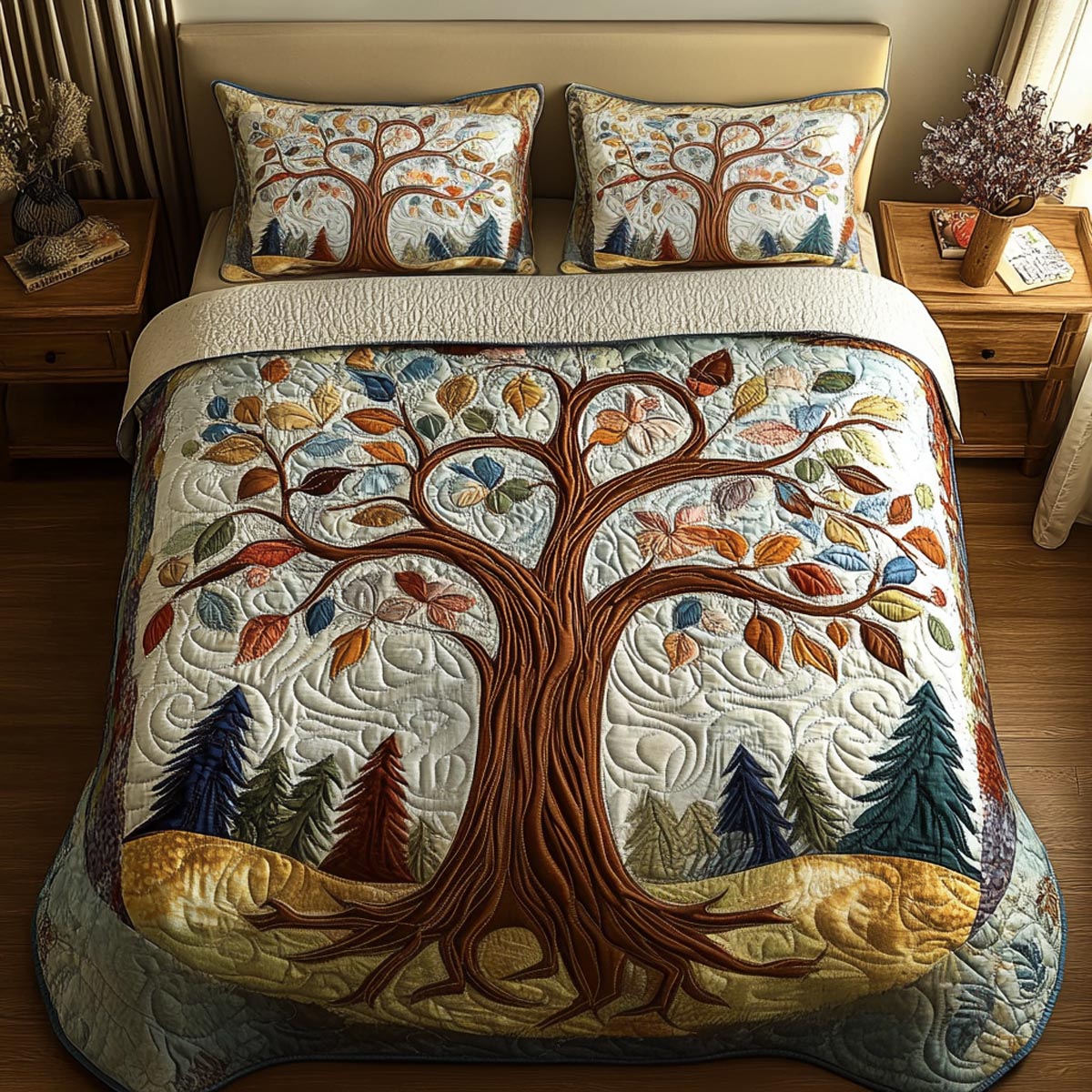 Life Roots quilted 3-piece bedding set on a made bed with two matching pillow shams