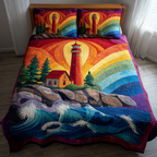 Lighthouse Guide quilted 3-piece bedding set on a made bed with two matching pillow shams