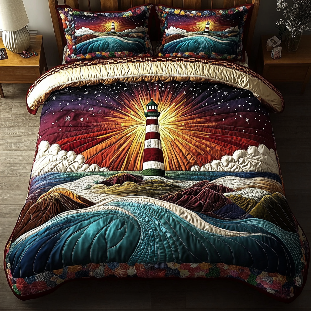 Lighthouse Path quilted 3-piece bedding set on a made bed with two matching pillow shams