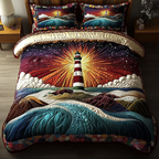 Lighthouse Path quilted 3-piece bedding set on a made bed with two matching pillow shams