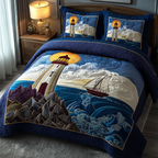 Lighthouse View quilted 3-piece bedding set on a made bed with two matching pillow shams