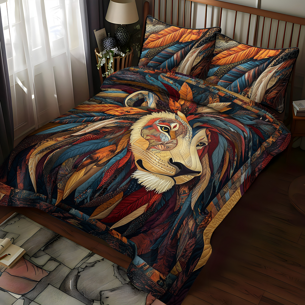 Lion Southwest quilted 3-piece bedding set on a made bed with two matching pillow shams