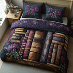 Literary Haven Reading quilted 3-piece bedding set on a made bed with two matching pillow shams