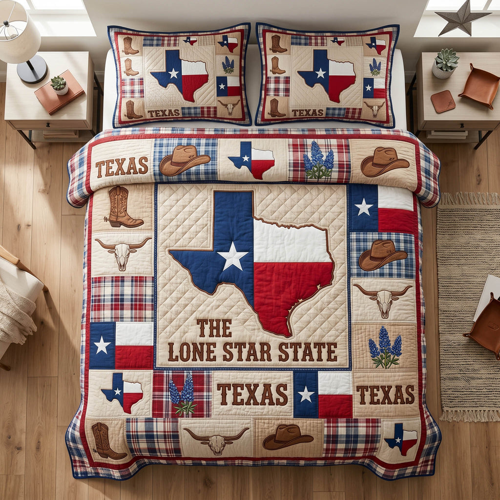 Lone Frontier quilted 3-piece bedding set on a made bed with two matching pillow shams