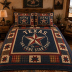 Lone Star Legacy Bluebonnets quilted 3-piece bedding set on a made bed with two matching pillow shams