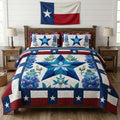 Lone Star Patchwork quilted 3-piece bedding set on a made bed with two matching pillow shams