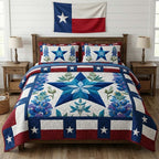 Lone Star Patchwork quilted 3-piece bedding set on a made bed with two matching pillow shams