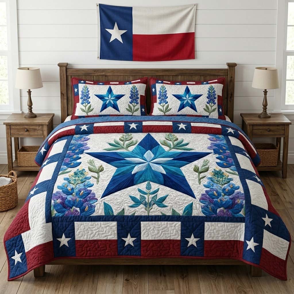 Lone Star Patchwork quilted 3-piece bedding set on a made bed with two matching pillow shams