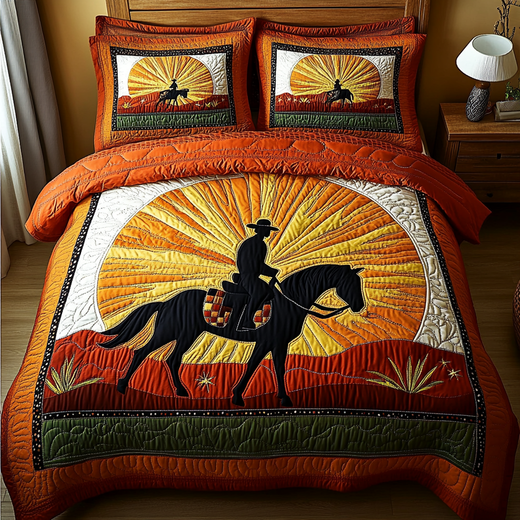 Lone Star Rider Bedspread quilted 3-piece bedding set on a made bed with two matching pillow shams