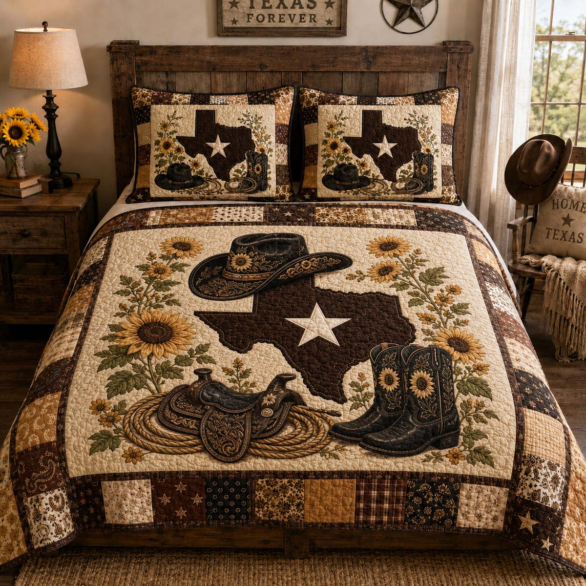 Lone Star Saddle quilted 3-piece bedding set on a made bed with two matching pillow shams