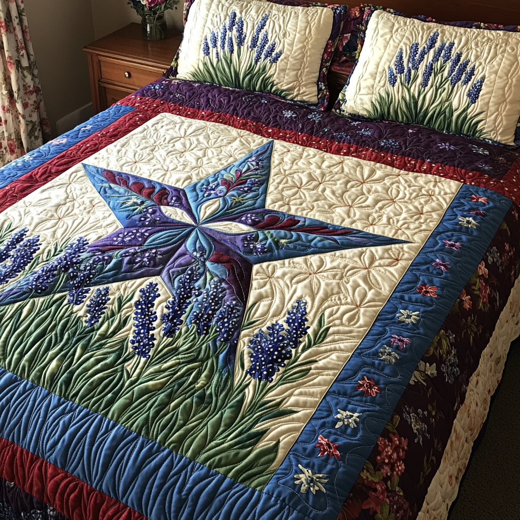 Lone Star Spirit Bedspread quilted 3-piece bedding set on a made bed with two matching pillow shams