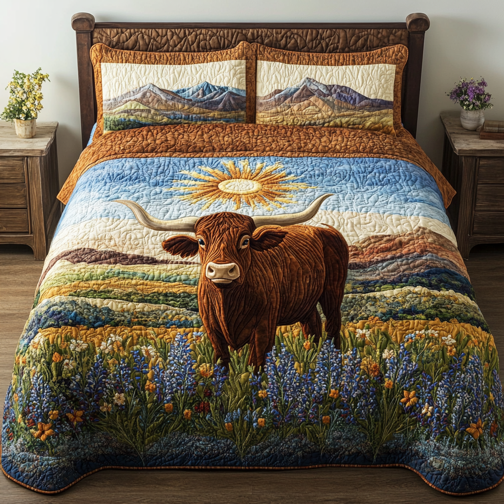 Longhorn Breeze quilted 3-piece bedding set on a made bed with two matching pillow shams