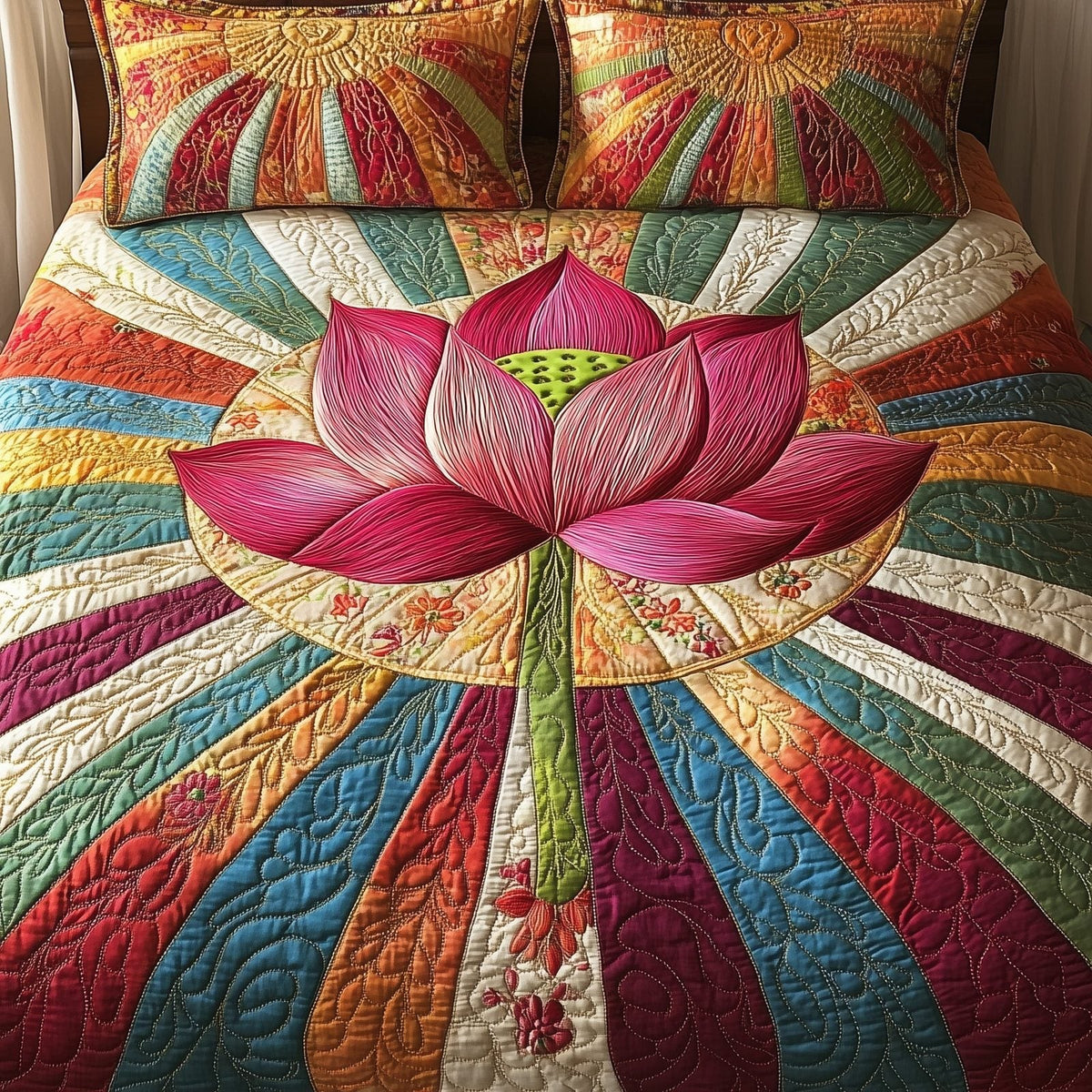 Lotus Grace quilted 3-piece bedding set on a made bed with two matching pillow shams