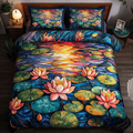 Lotus Serenity quilted 3-piece bedding set on a made bed with two matching pillow shams