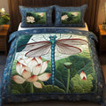 Lotus Serenity Dragonfly quilted 3-piece bedding set on a made bed with two matching pillow shams