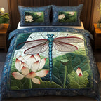 Lotus Serenity Dragonfly quilted 3-piece bedding set on a made bed with two matching pillow shams