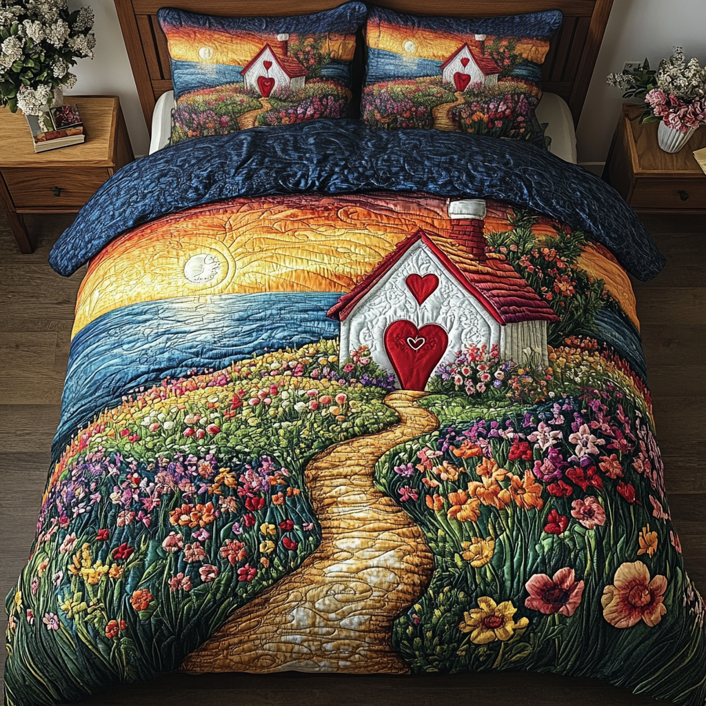 Love Nest Cabin quilted 3-piece bedding set on a made bed with two matching pillow shams