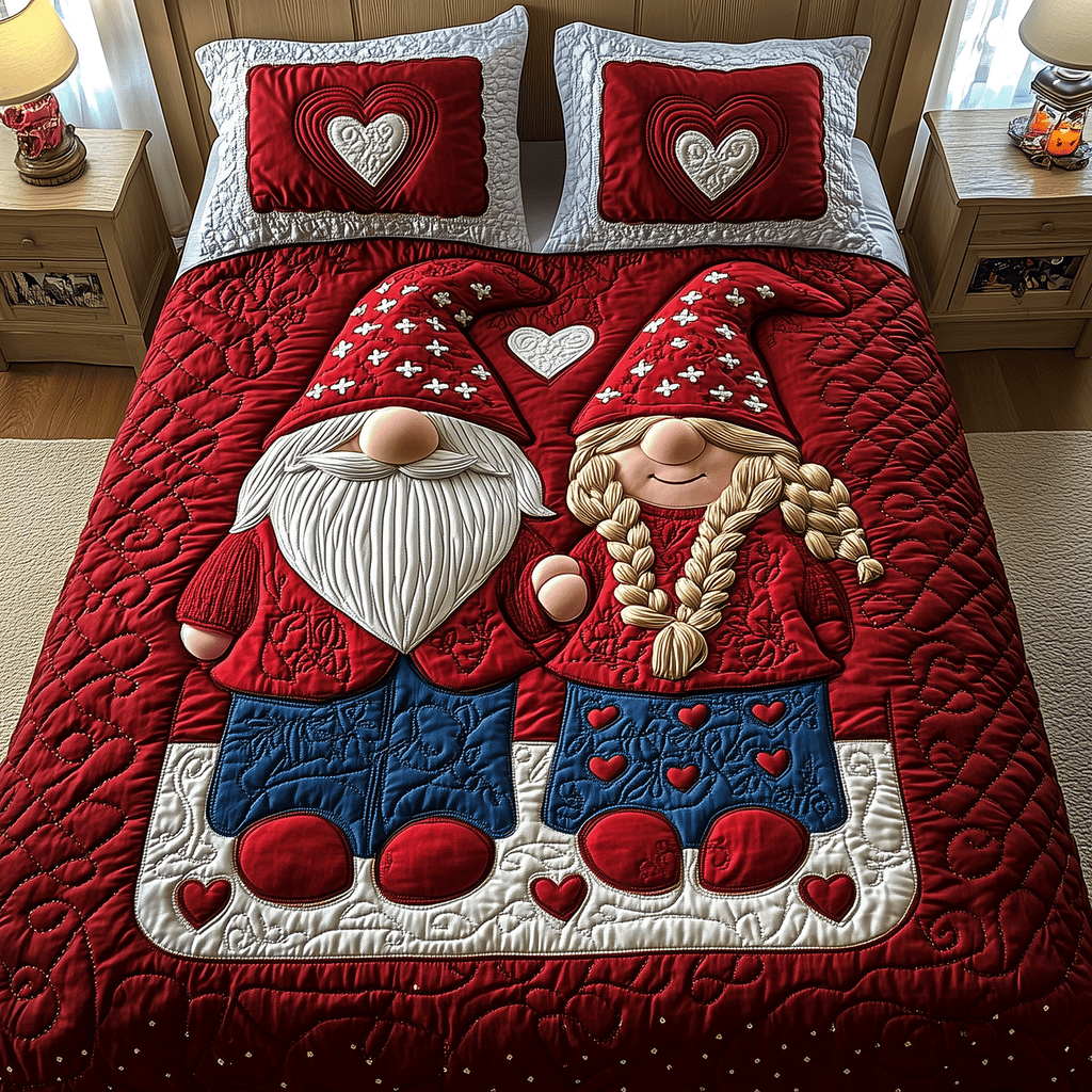 Loving Gnome quilted 3-piece bedding set on a made bed with two matching pillow shams