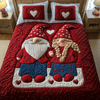 Loving Gnome quilted 3-piece bedding set on a made bed with two matching pillow shams