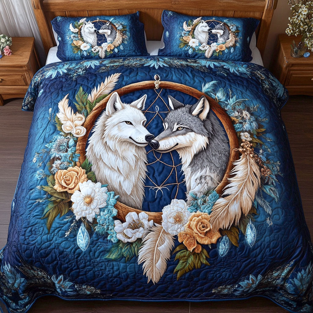 Lunar Howl Southwest quilted 3-piece bedding set on a made bed with two matching pillow shams