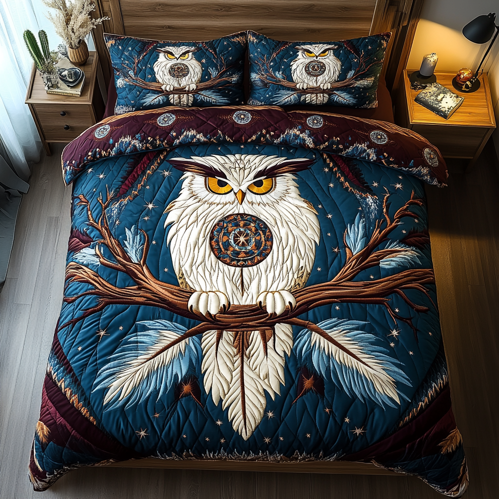 Lunar Wisdom Southwest quilted 3-piece bedding set on a made bed with two matching pillow shams