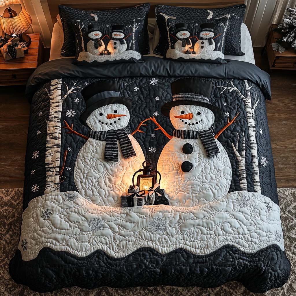 Magical Christmas Eve quilted 3-piece bedding set on a made bed with two matching pillow shams