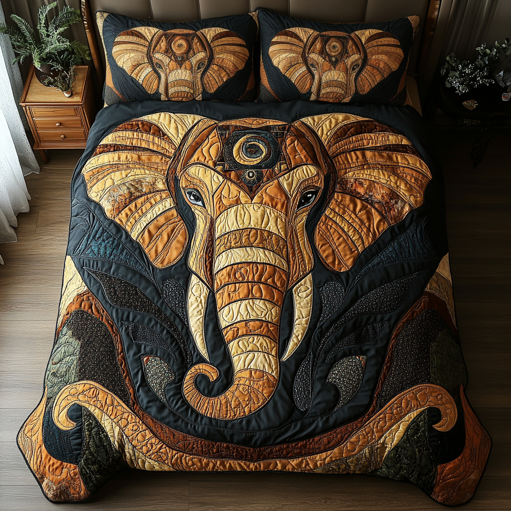 Majestic Elephant Animal quilted 3-piece bedding set on a made bed with two matching pillow shams