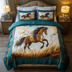 Majestic Mane Southwest quilted 3-piece bedding set on a made bed with two matching pillow shams