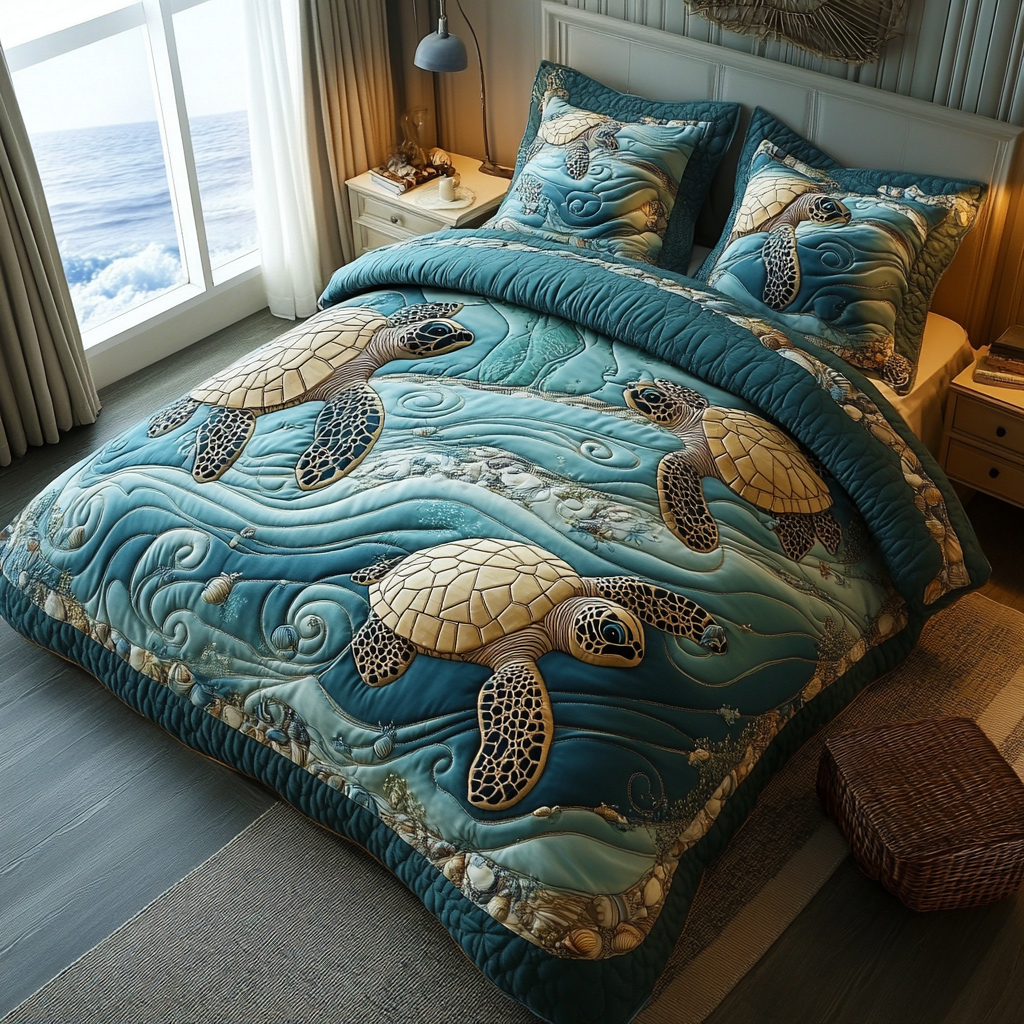 Majestic Mariner quilted 3-piece bedding set on a made bed with two matching pillow shams