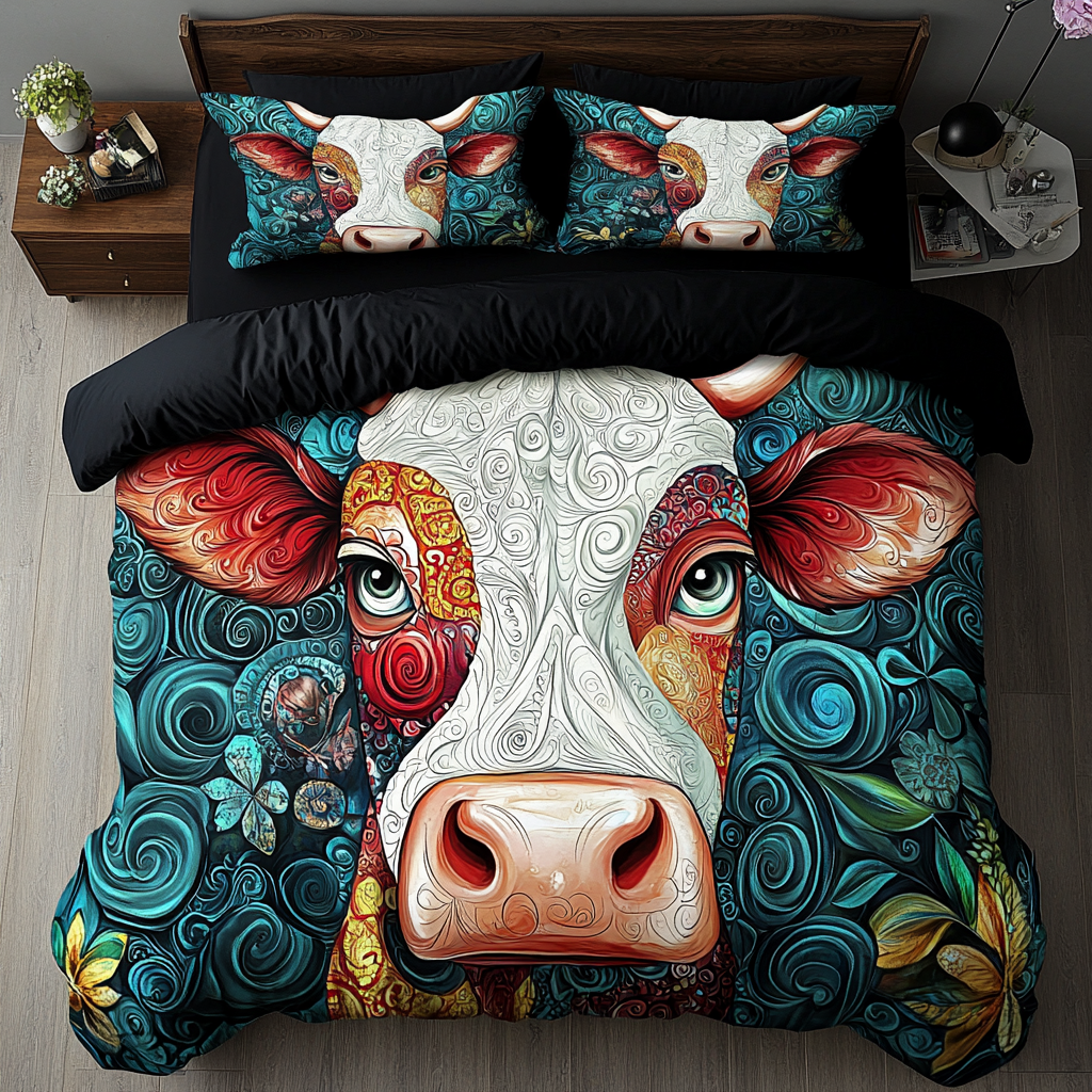 Majestic Moo Animal quilted 3-piece bedding set on a made bed with two matching pillow shams