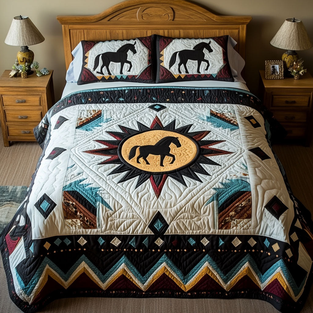 Majestic Mustang quilted 3-piece bedding set on a made bed with two matching pillow shams