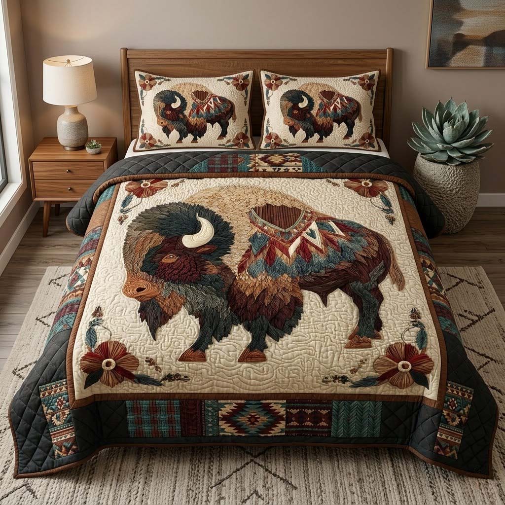 Majestic Nomad Bison quilted 3-piece bedding set on a made bed with two matching pillow shams